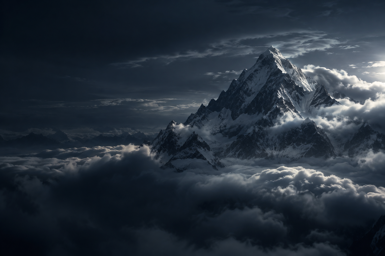 A silver-lit summit rising above a sea of clouds